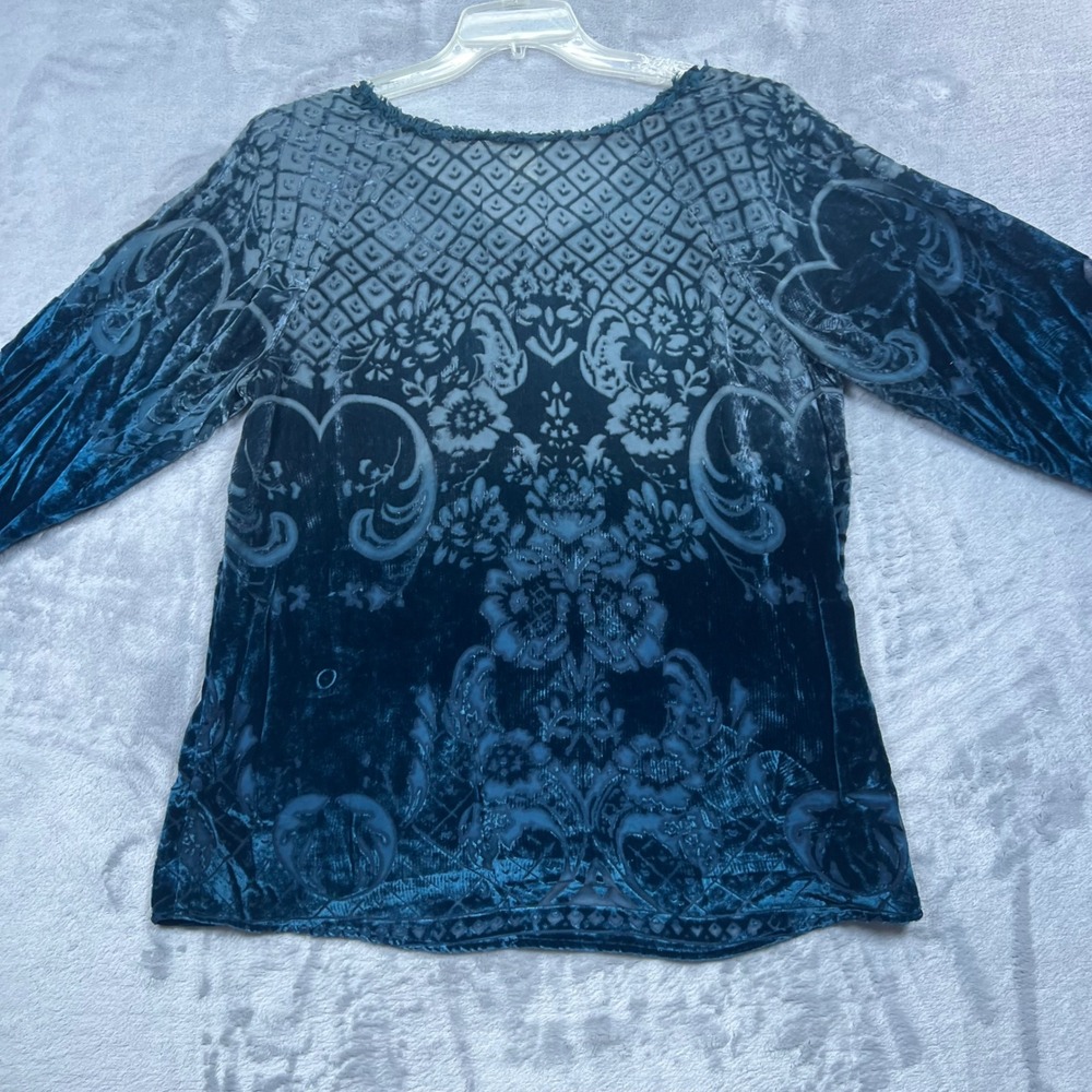 Sundance Blouse Women L Blue Silk Blend Burnout Velvet Floral V-Neck Top